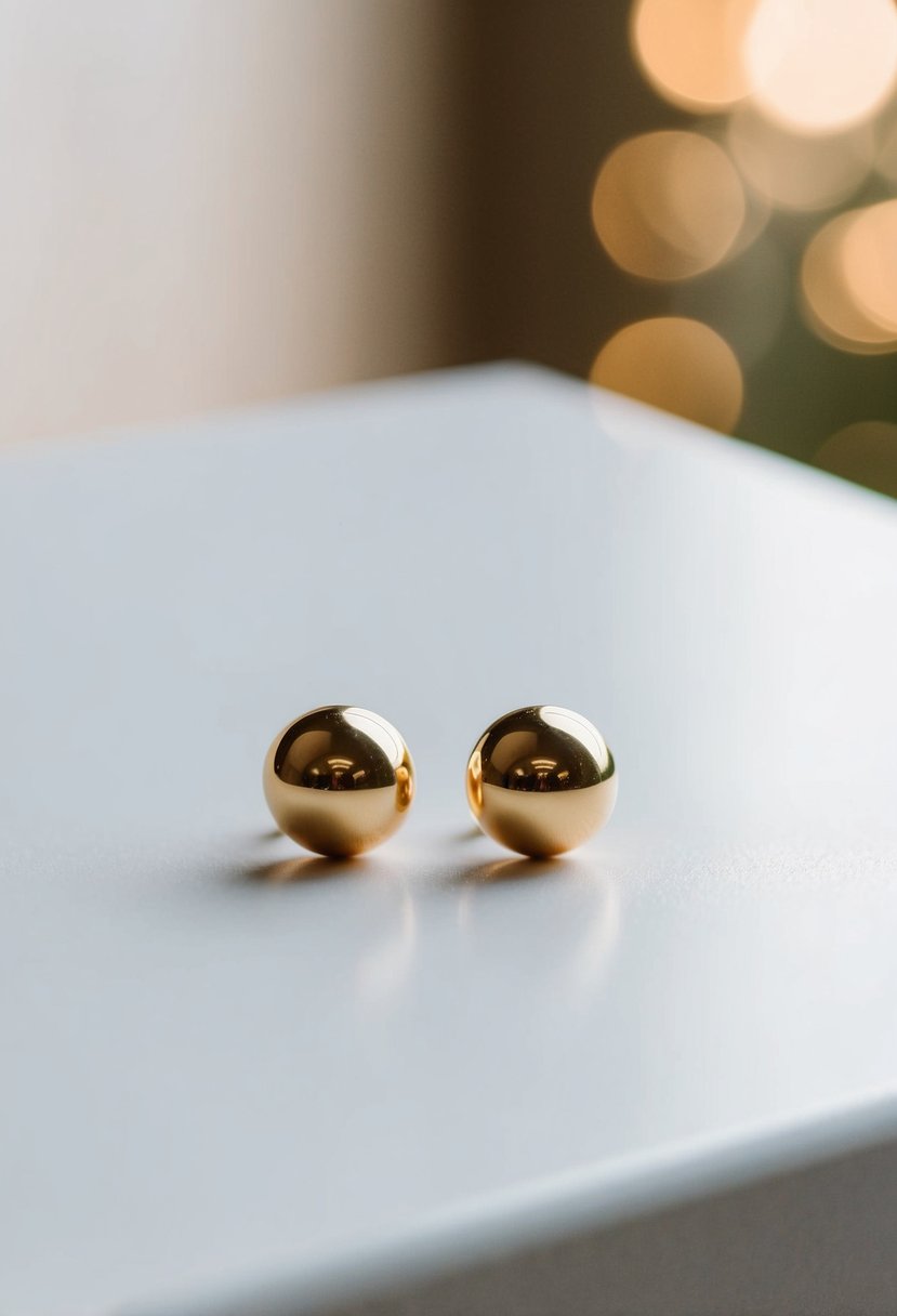 A pair of minimalist gold round studs on a clean, white surface with soft, natural lighting