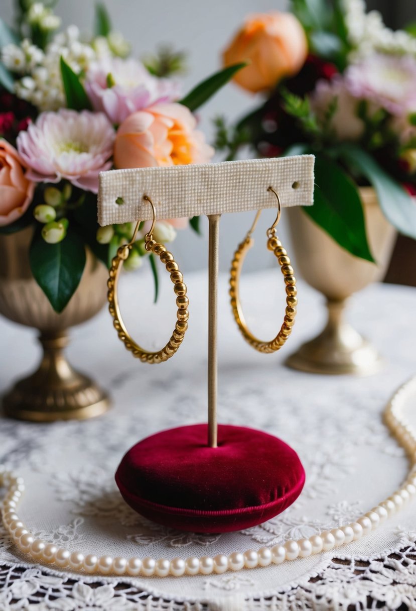 A vintage-inspired table with lace, pearls, and floral arrangements. Gold hoop earrings displayed on a velvet cushion