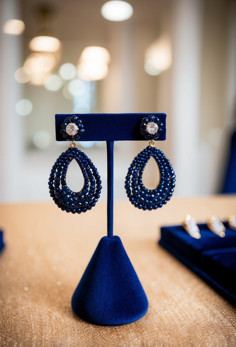 A pair of elegant navy blue wedding earrings displayed on a velvet jewelry stand