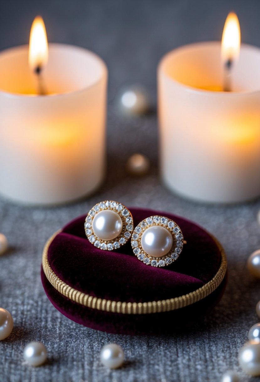 A pair of pearl-encrusted round earrings resting on a velvet cushion, surrounded by soft candlelight