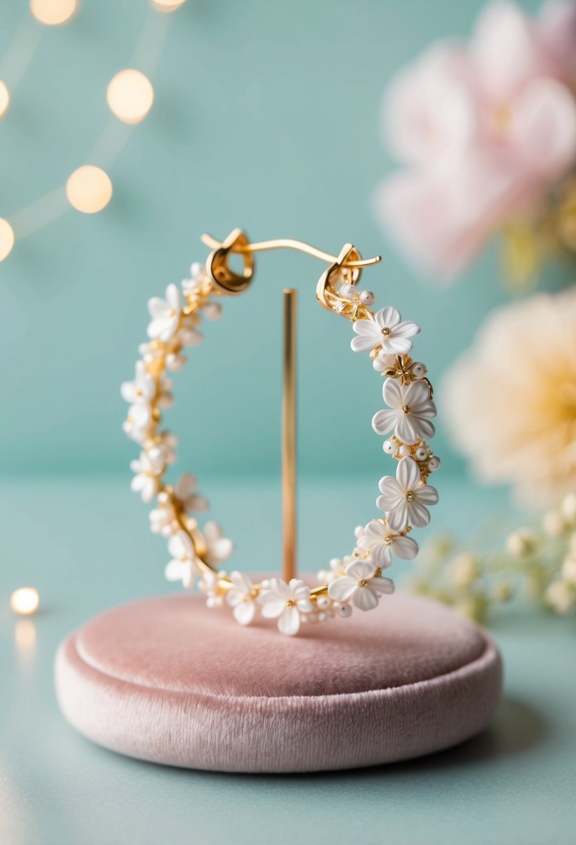 A pair of delicate white floral chic gold hoop wedding earrings displayed on a velvet cushion against a soft pastel background