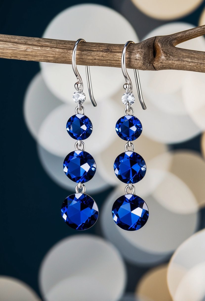 Navy Swarovski crystal dangles hang from a delicate earring hook, catching the light and sparkling against a dark background