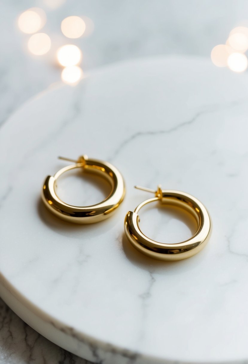 Two gold hoop earrings on a white marble surface with soft lighting