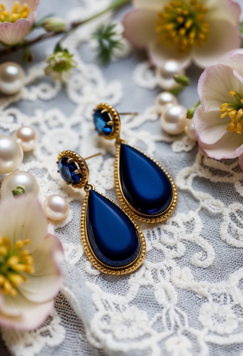 A close-up of vintage navy teardrop earrings on a lace fabric background, surrounded by delicate floral and pearl accents