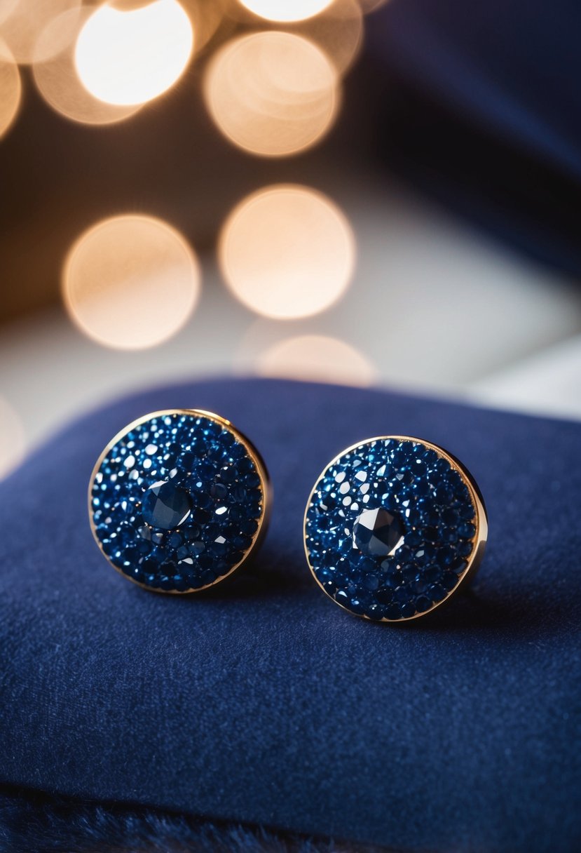 A pair of navy Art Deco style studs sparkling on a velvet cushion