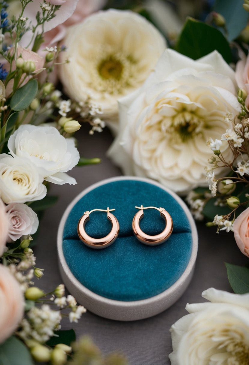 A pair of rose gold round huggie earrings displayed on a velvet cushion, surrounded by delicate floral arrangements and wedding decor