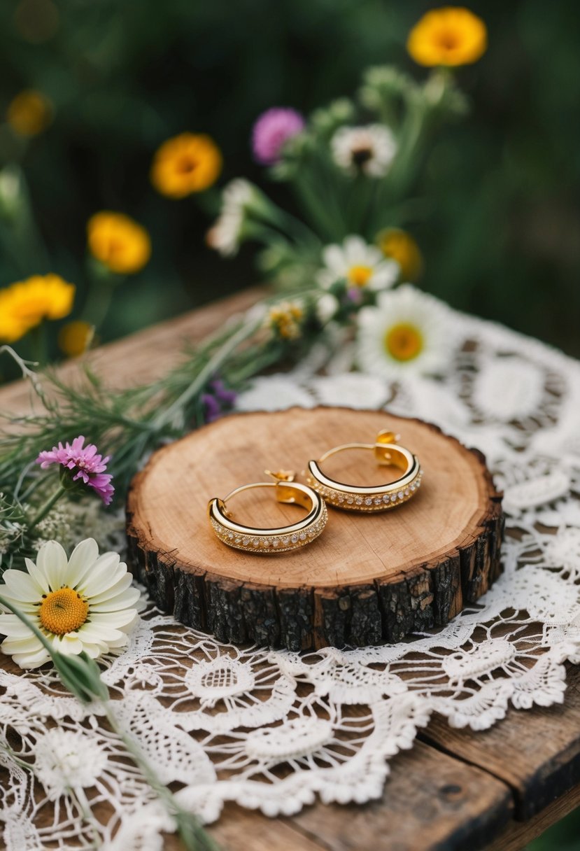 A rustic wooden table adorned with bohemian-inspired gold hoop wedding earrings, surrounded by vintage lace and wildflowers