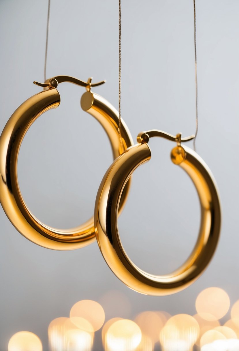 Two large gold hoop earrings suspended in midair, casting a warm glow against a soft, white background