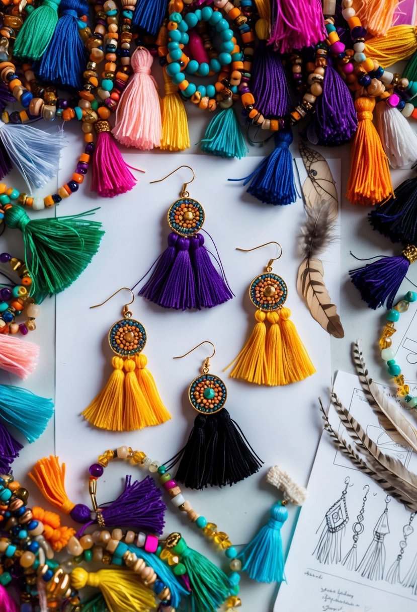 A table scattered with colorful tassels, beads, and feathers, surrounded by sketches and design notes for bohemian round tassel earrings