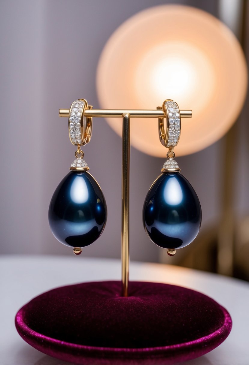 A pair of navy pearl drop earrings displayed on a velvet cushion with soft lighting