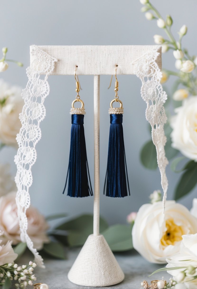 A pair of navy tassel earrings hanging from a jewelry stand, surrounded by delicate lace and floral accents, evoking a romantic and elegant wedding vibe