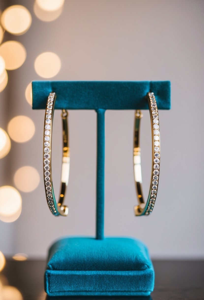 A pair of timeless beauty gold hoop wedding earrings displayed on a velvet cushion with soft lighting