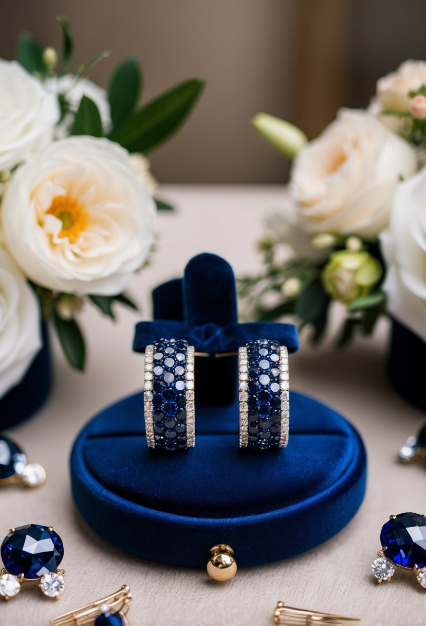 A pair of navy blue diamond hoop earrings displayed on a velvet cushion, surrounded by elegant wedding accessories