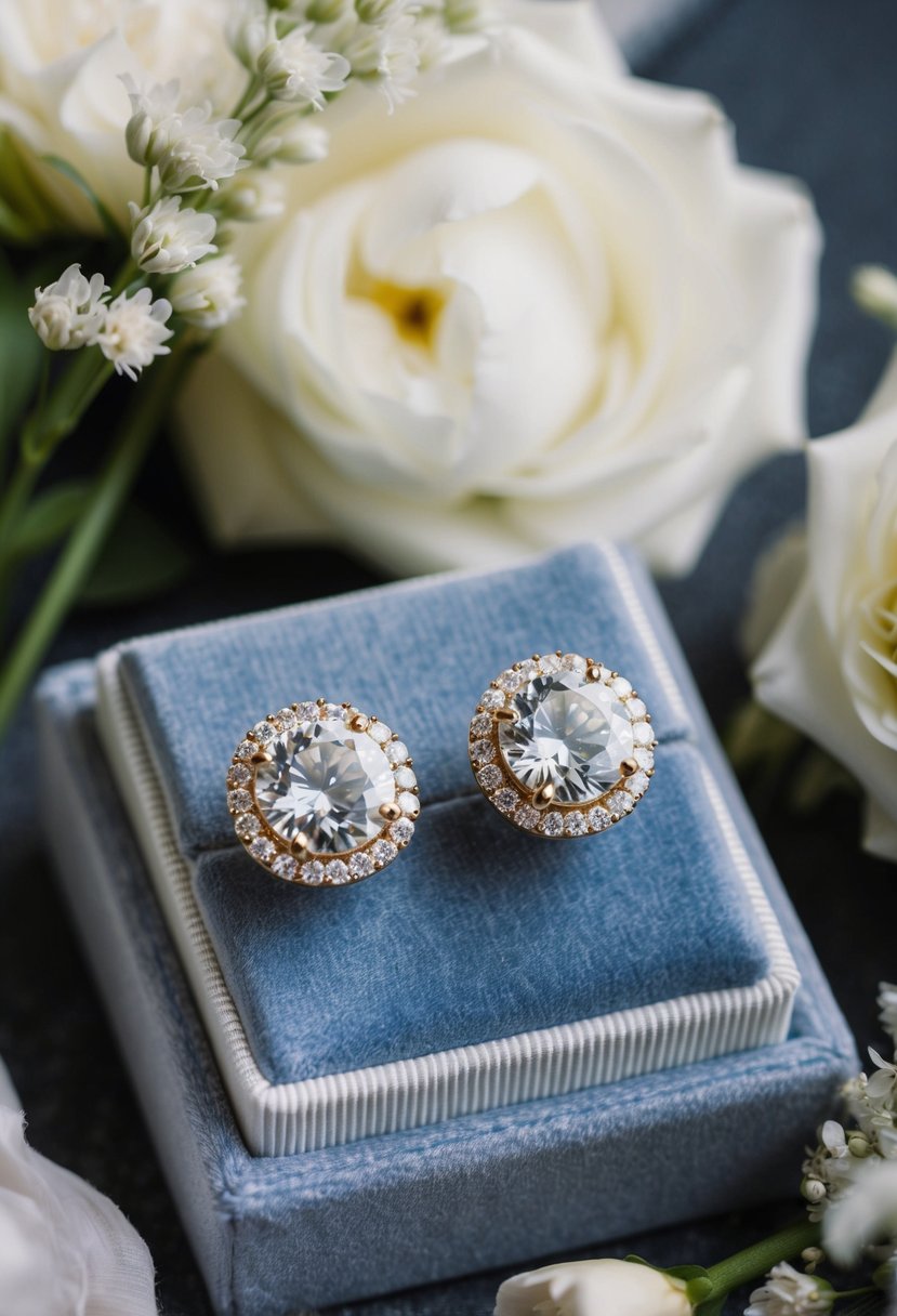 A pair of round cubic zirconia halo studs displayed on a velvet cushion with soft lighting, surrounded by delicate wedding flowers