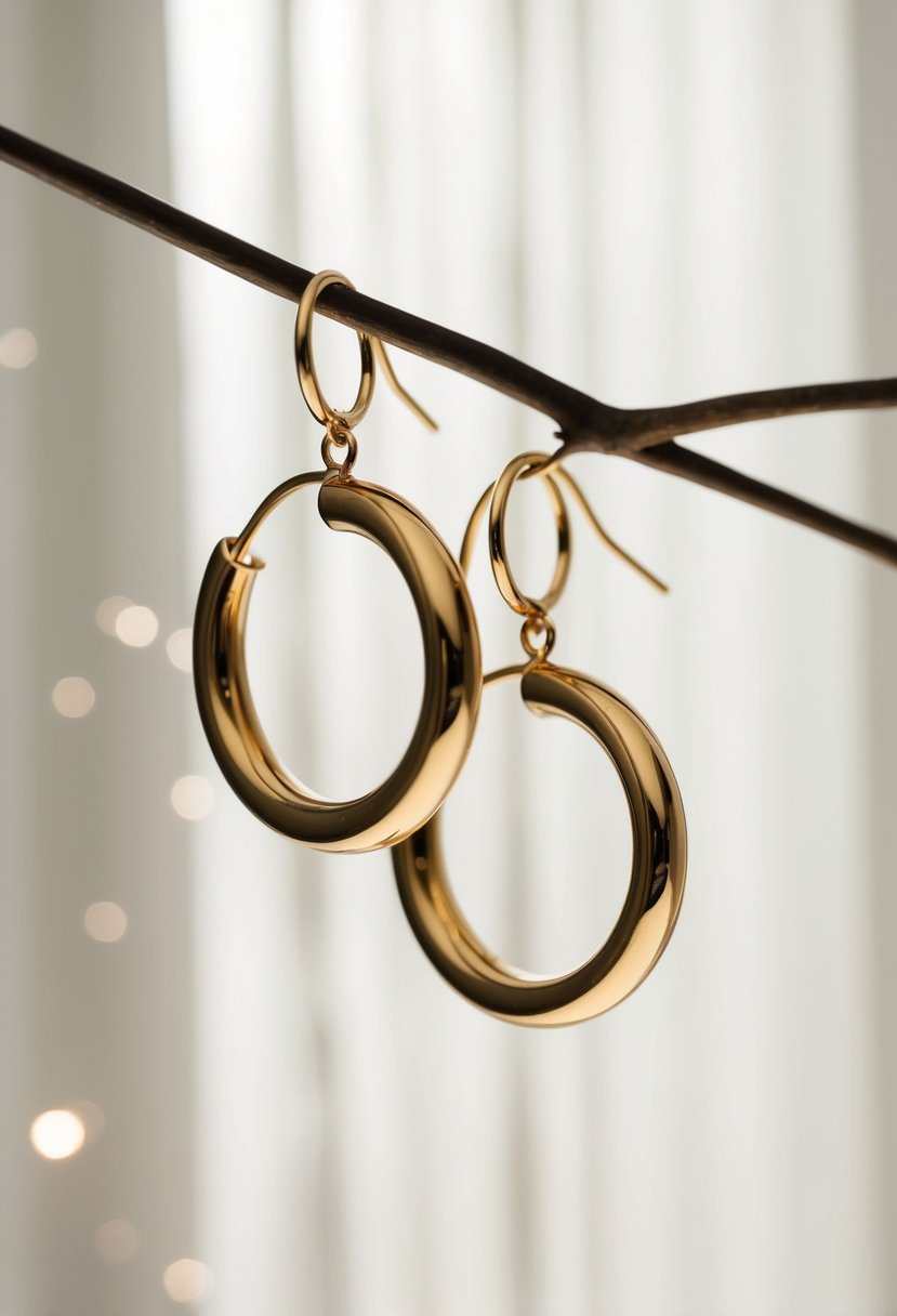 Two gold hoop earrings suspended in midair, casting a soft glow against a simple, elegant backdrop