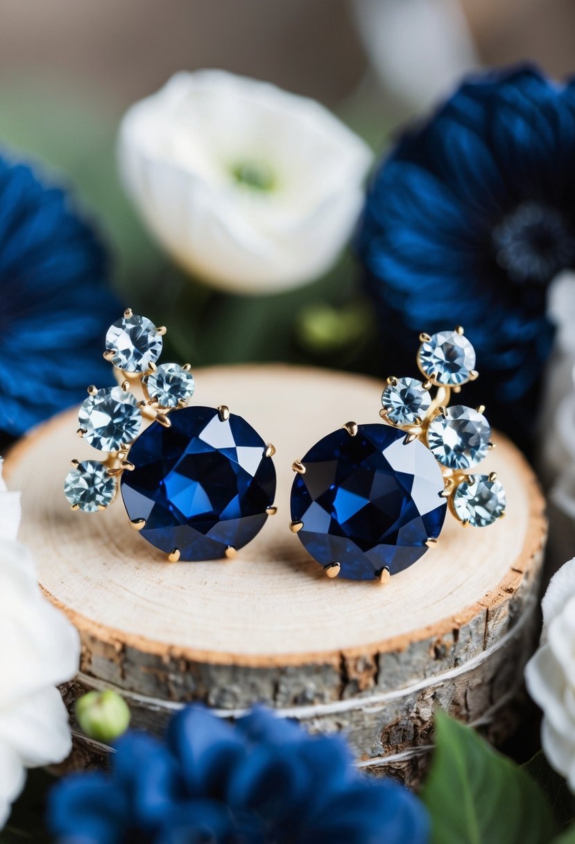 A pair of elegant navy crystal earrings surrounded by delicate floral accents, perfect for a navy-themed wedding