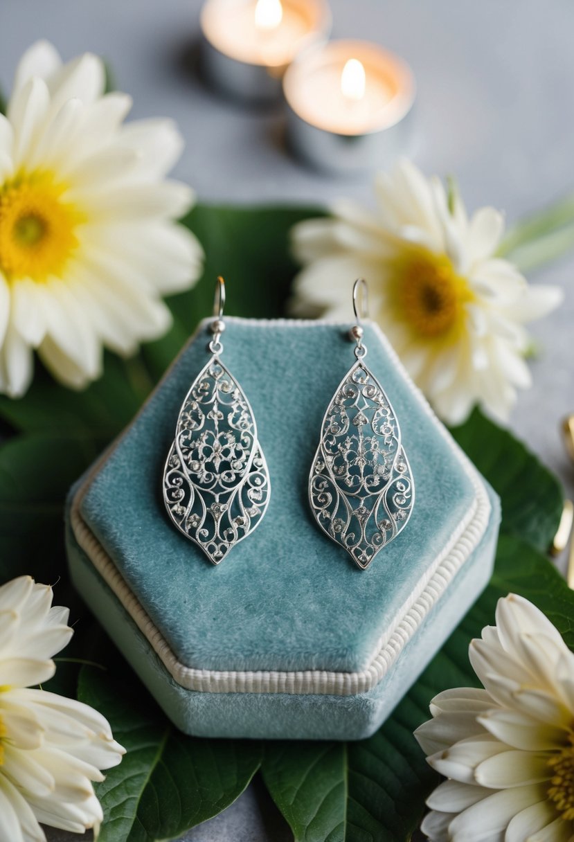 A pair of delicate silver filigree earrings displayed on a velvet cushion, surrounded by soft lighting and floral accents