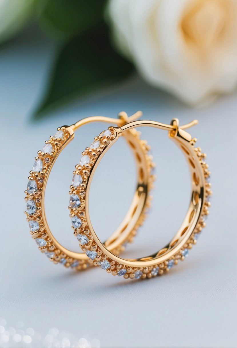 A pair of intricate gold hoop earrings, adorned with delicate details and sparkling gemstones, glimmering in the soft light of a wedding setting