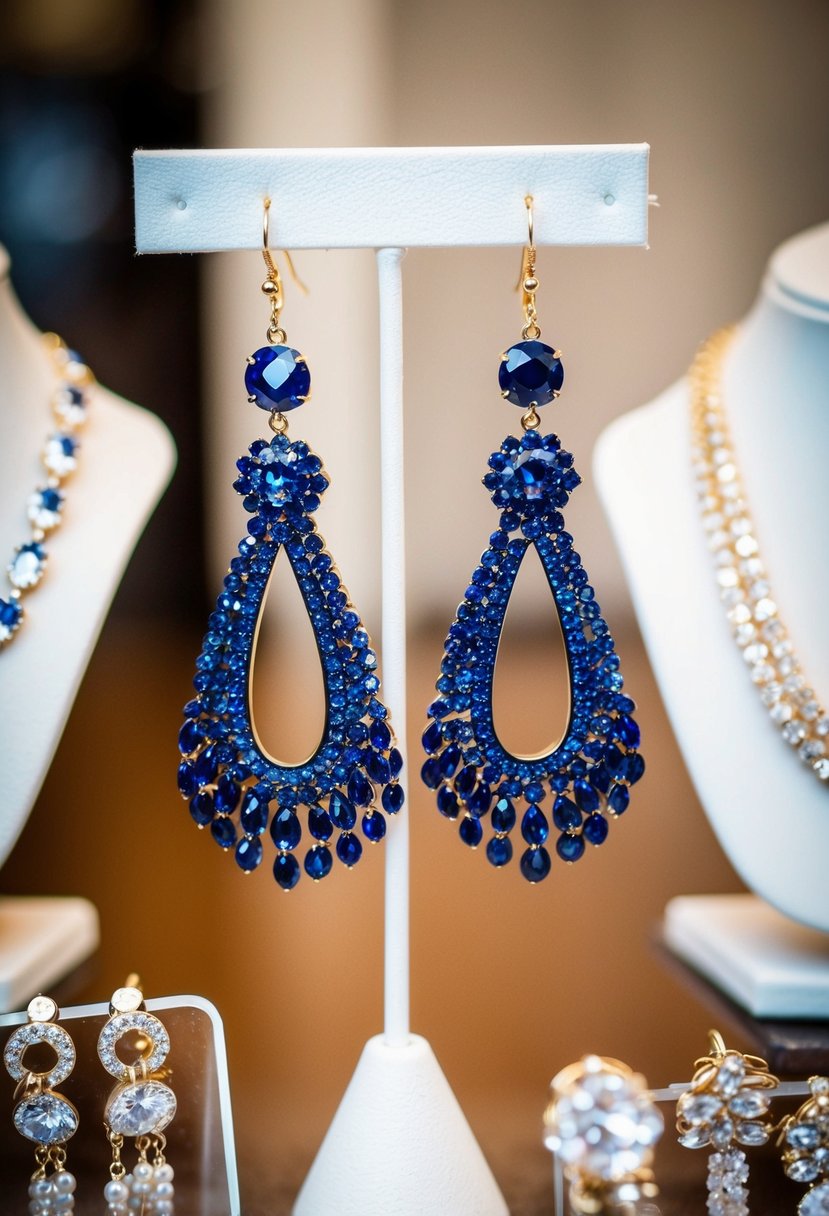 A pair of navy blue chandelier earrings hanging from a display stand, surrounded by other elegant wedding jewelry