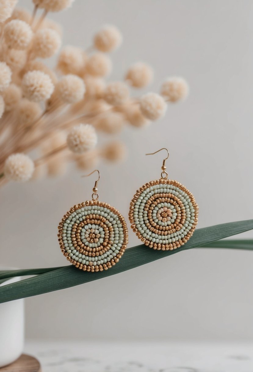 A close-up of beaded round statement earrings on a simple, elegant background