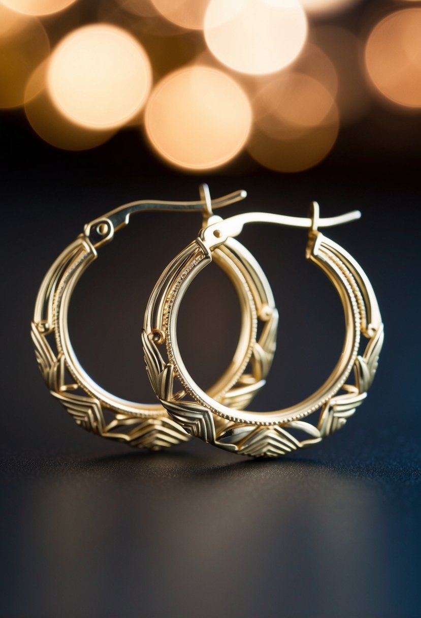 A pair of elegant gold hoop earrings with intricate Art Deco designs