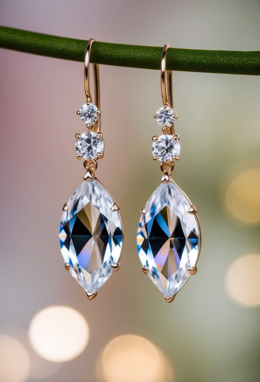 Two sparkling marquise crystal drops dangle from delicate wedding earrings