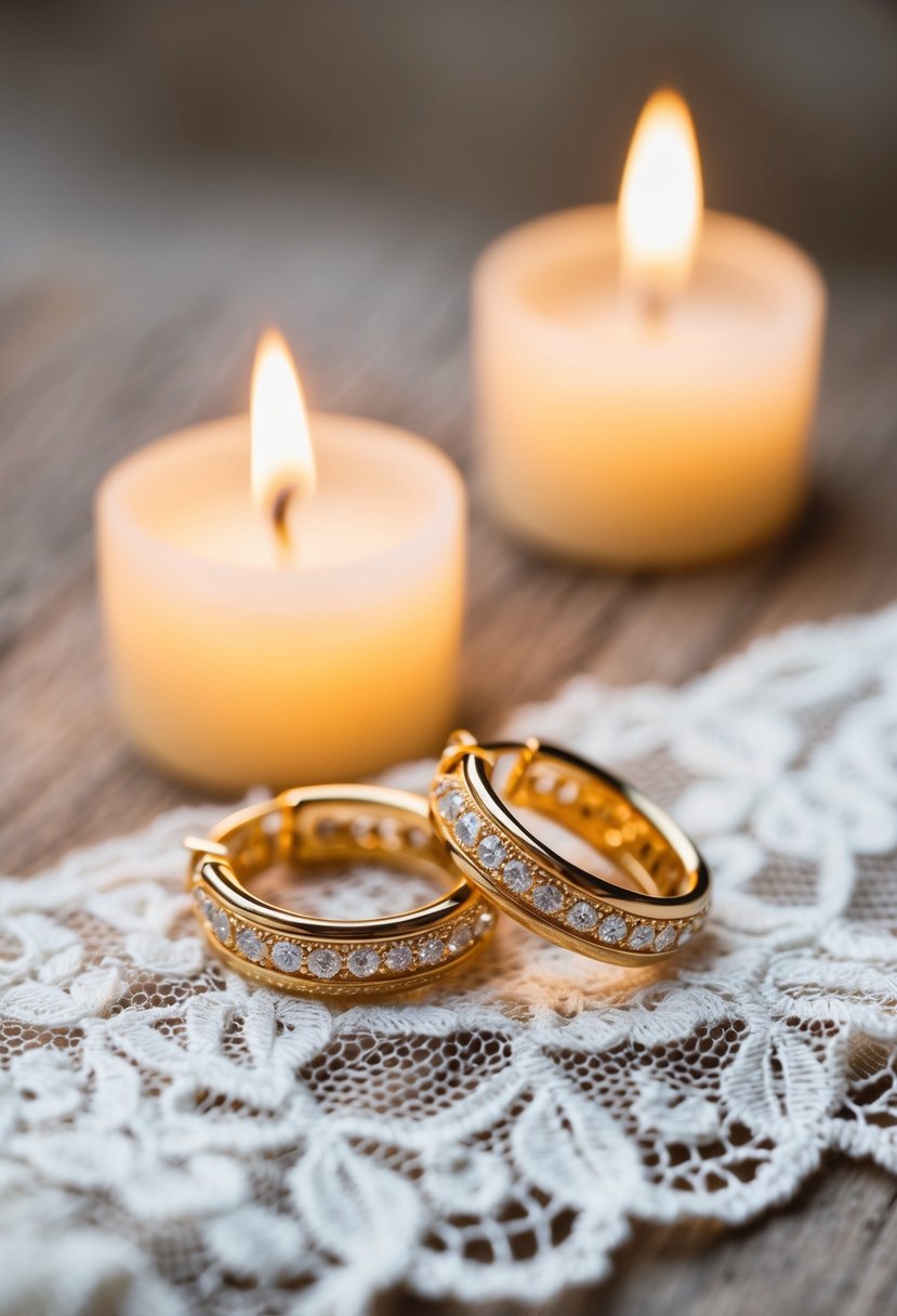 A pair of gold hoop wedding earrings placed on a delicate lace fabric with soft candlelight illuminating the scene