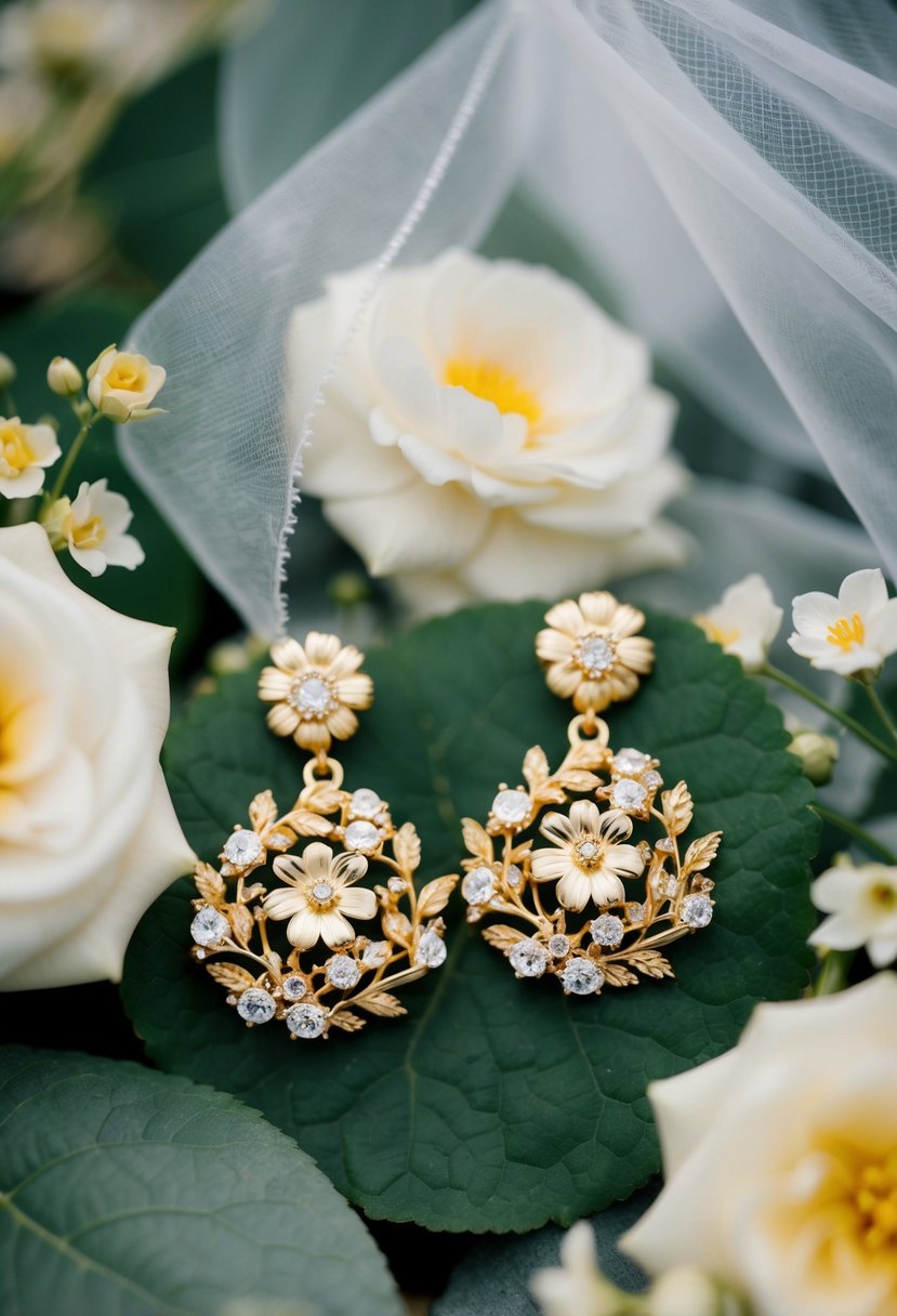 A pair of gold floral round drop earrings, surrounded by delicate flowers and leaves, with a wedding veil in the background