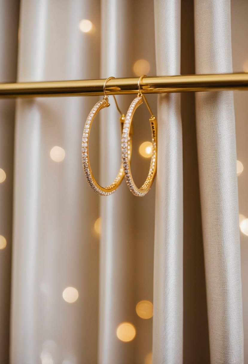 Golden hoop earrings hang from luxurious, flowing drapes. Sparkling with elegance, the earrings catch the light, creating a glamorous and enchanting scene