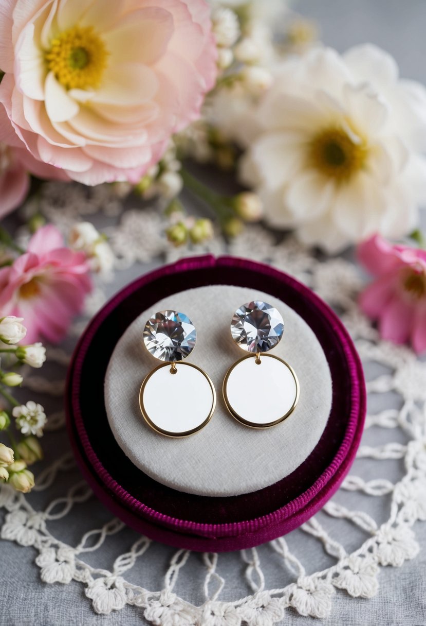 A pair of Swarovski round disc earrings displayed on a velvet cushion, surrounded by delicate lace and floral accents