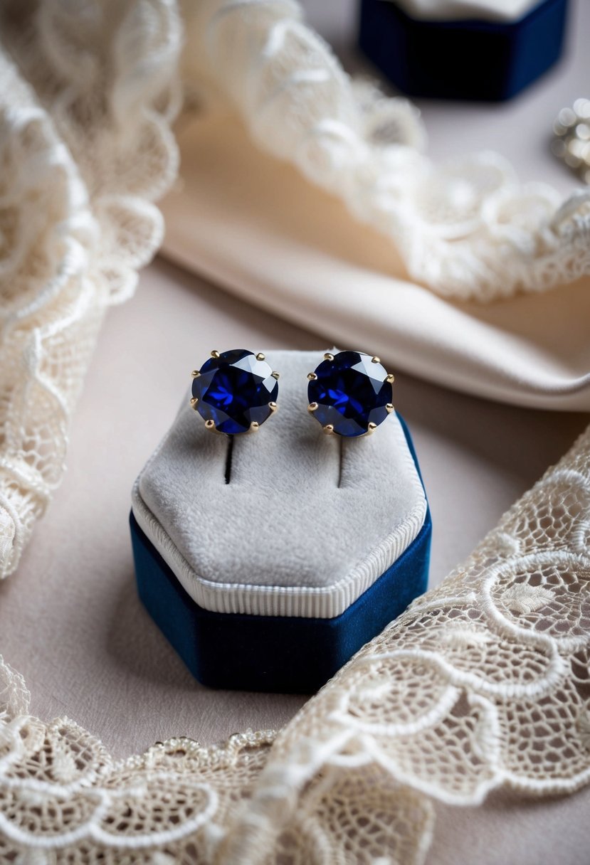 A pair of navy sapphire crystal studs on a velvet jewelry display, surrounded by delicate lace and satin fabric