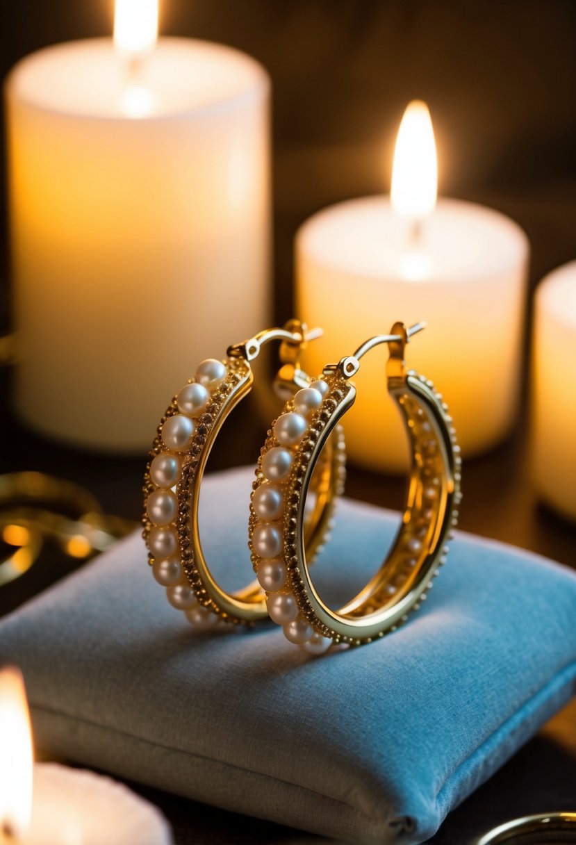 Golden hoop earrings adorned with lustrous pearl embellishments, arranged on a velvet cushion in soft candlelight