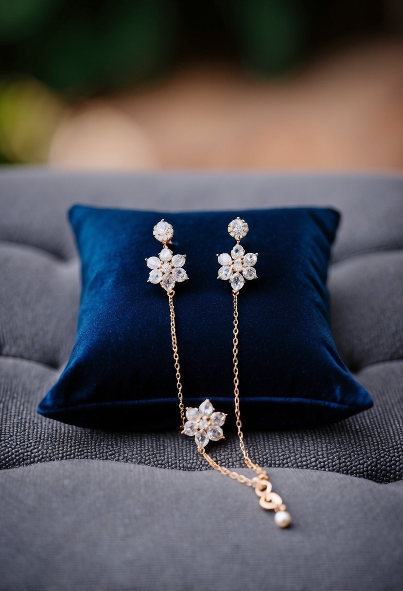 A navy bridal set with delicate earrings, nestled on a velvet cushion