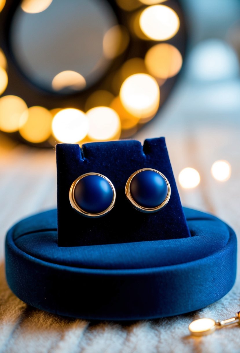 A pair of navy blue bezel earrings displayed on a velvet cushion, surrounded by soft lighting