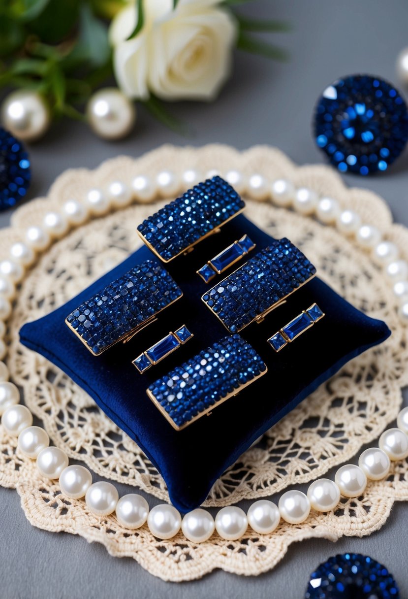 Sparkling navy rhinestone clip-ons displayed on a velvet cushion, surrounded by delicate lace and shimmering pearls