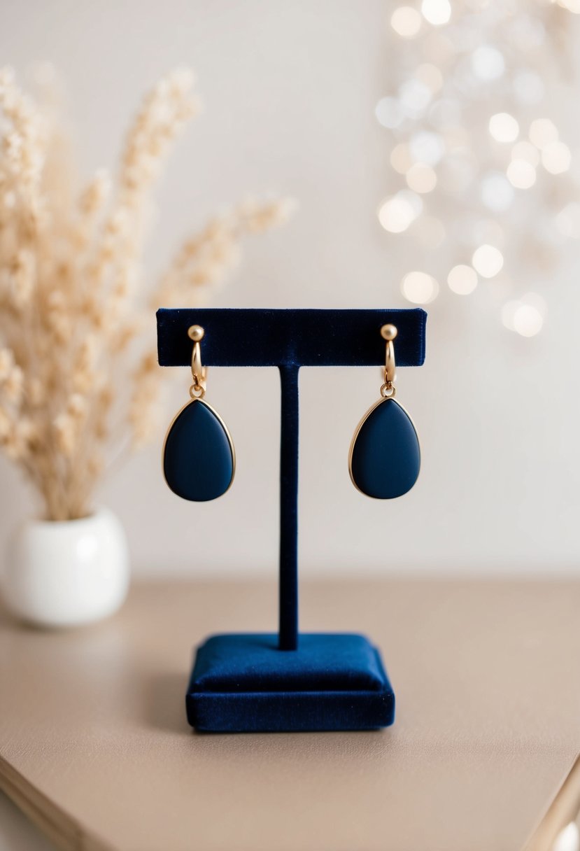 Navy blue and gold dangle earrings hanging from a velvet jewelry display against a soft, neutral background