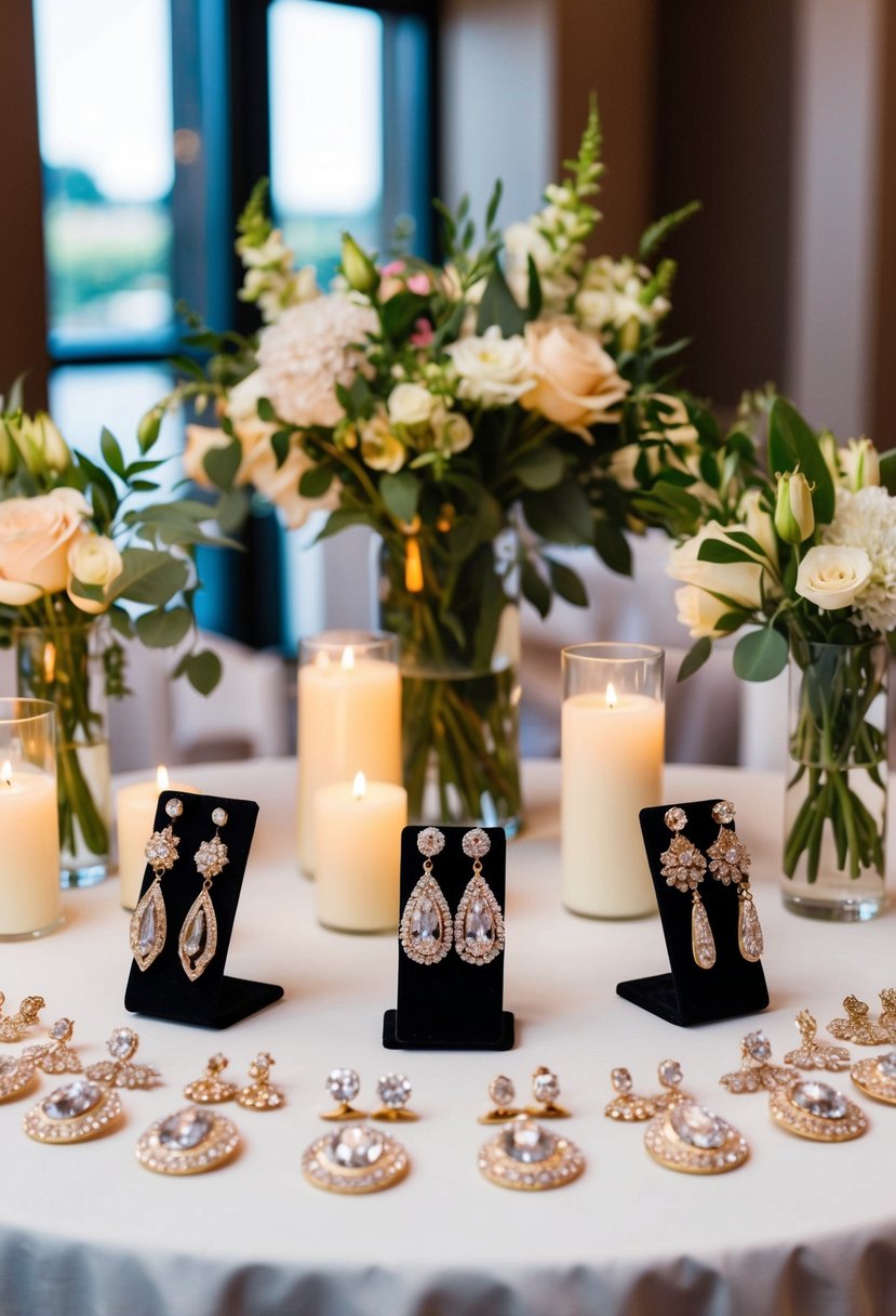 A table with a variety of elegant earrings displayed, surrounded by flowers and candles at a wedding reception