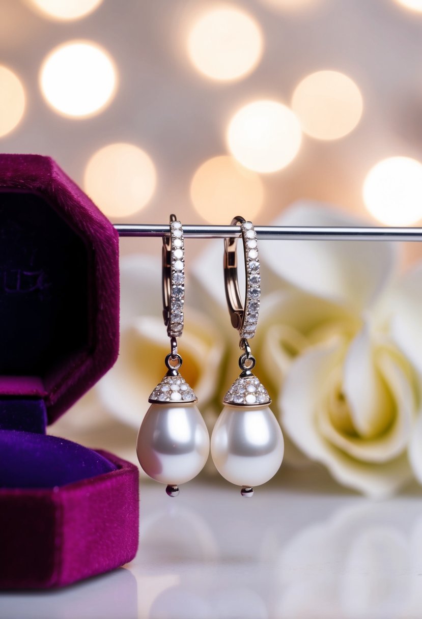 A sparkling pair of pearl drop earrings dangle from a velvet jewelry box, set against a backdrop of soft, romantic lighting