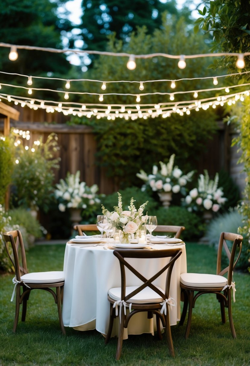 A cozy backyard garden with a small, elegant table set for an intimate wedding dinner. Twinkling string lights and delicate floral arrangements add to the romantic atmosphere