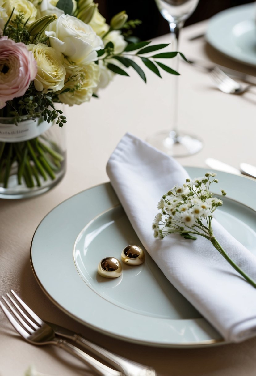 A table set with elegant place settings and a bouquet of flowers, with a pair of Duchess Dome Studs earrings placed next to a folded napkin