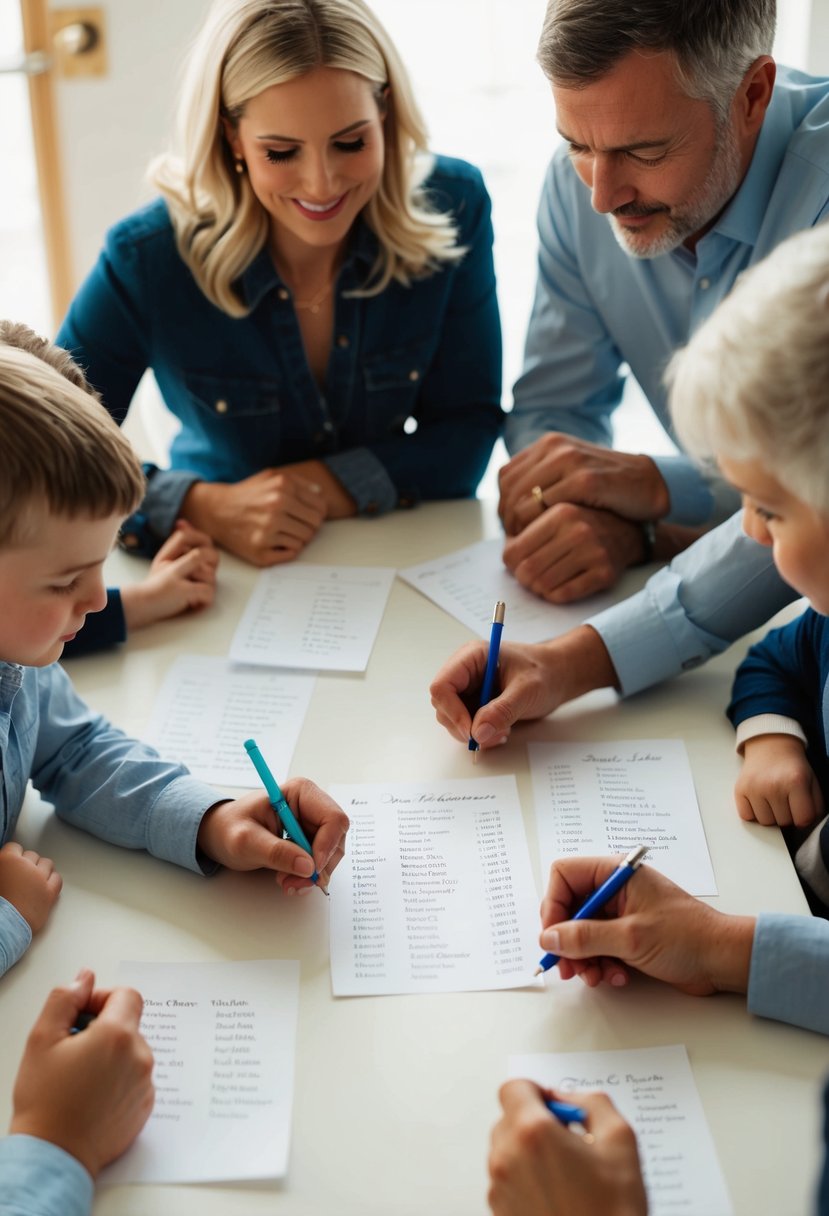 A family gathered around a table, discussing and writing down names on a piece of paper for a small wedding guest list