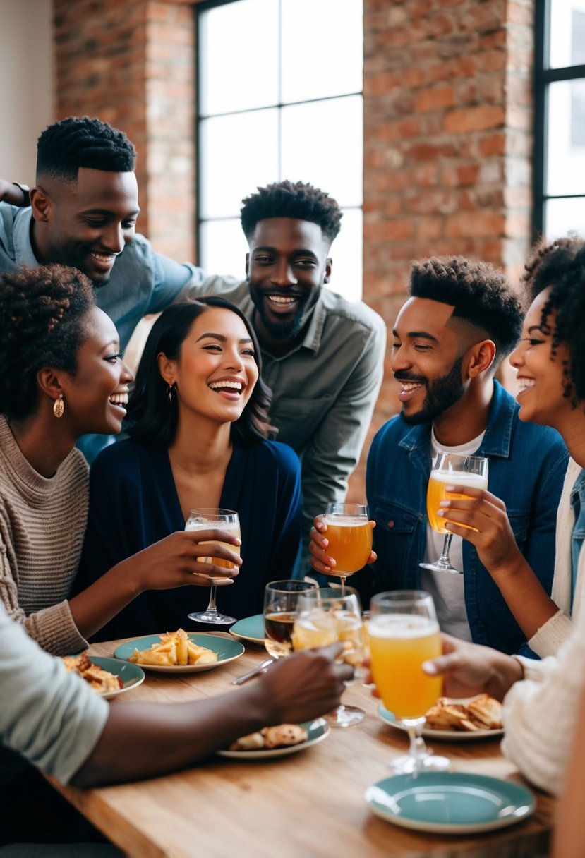 A group of diverse friends gather around a table, laughing and sharing stories while sipping on drinks. The atmosphere is warm and inviting, creating a sense of closeness and connection