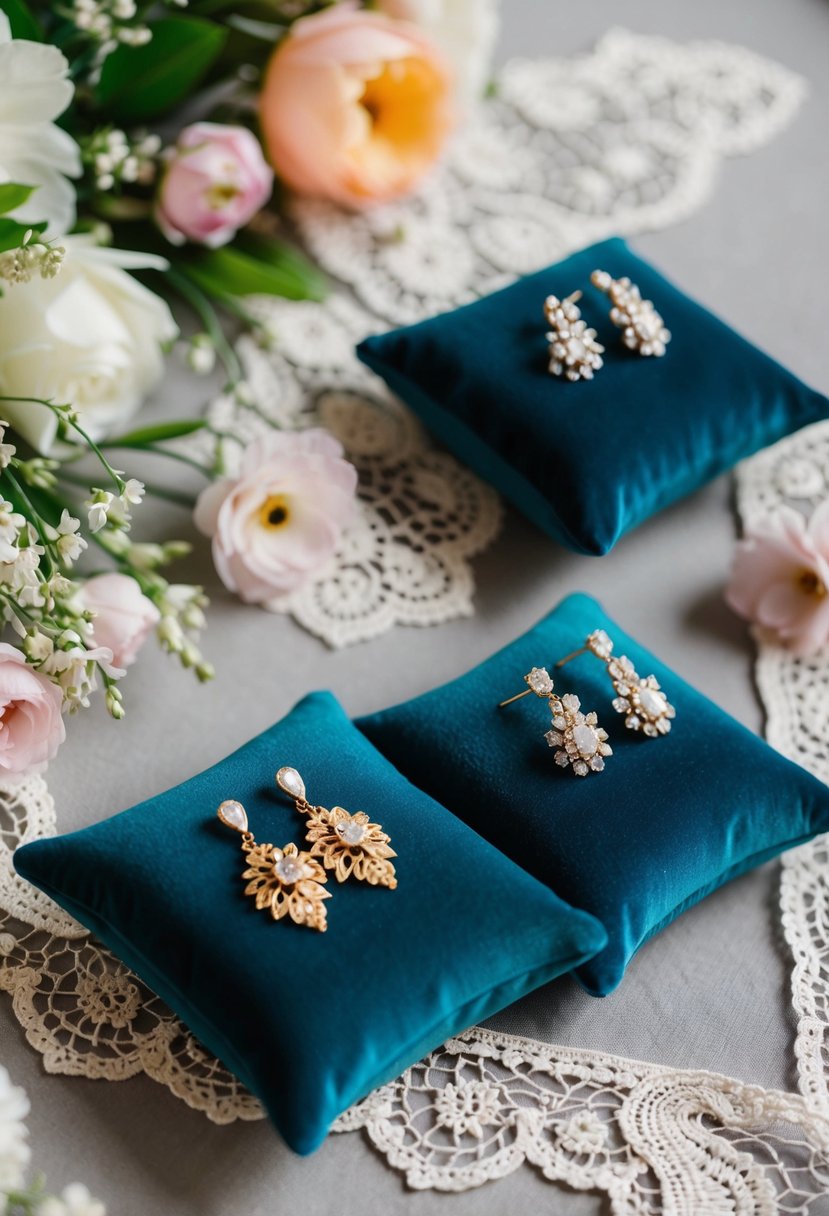 A table set with elegant earrings displayed on velvet cushions, surrounded by delicate lace and floral decorations