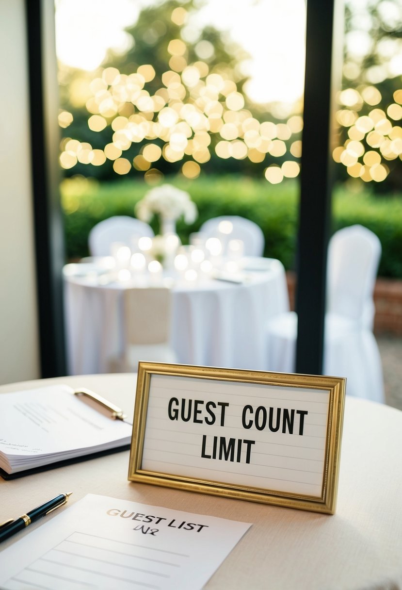 A small wedding venue with a sign displaying "guest count limit" and a table with a guest list and pen