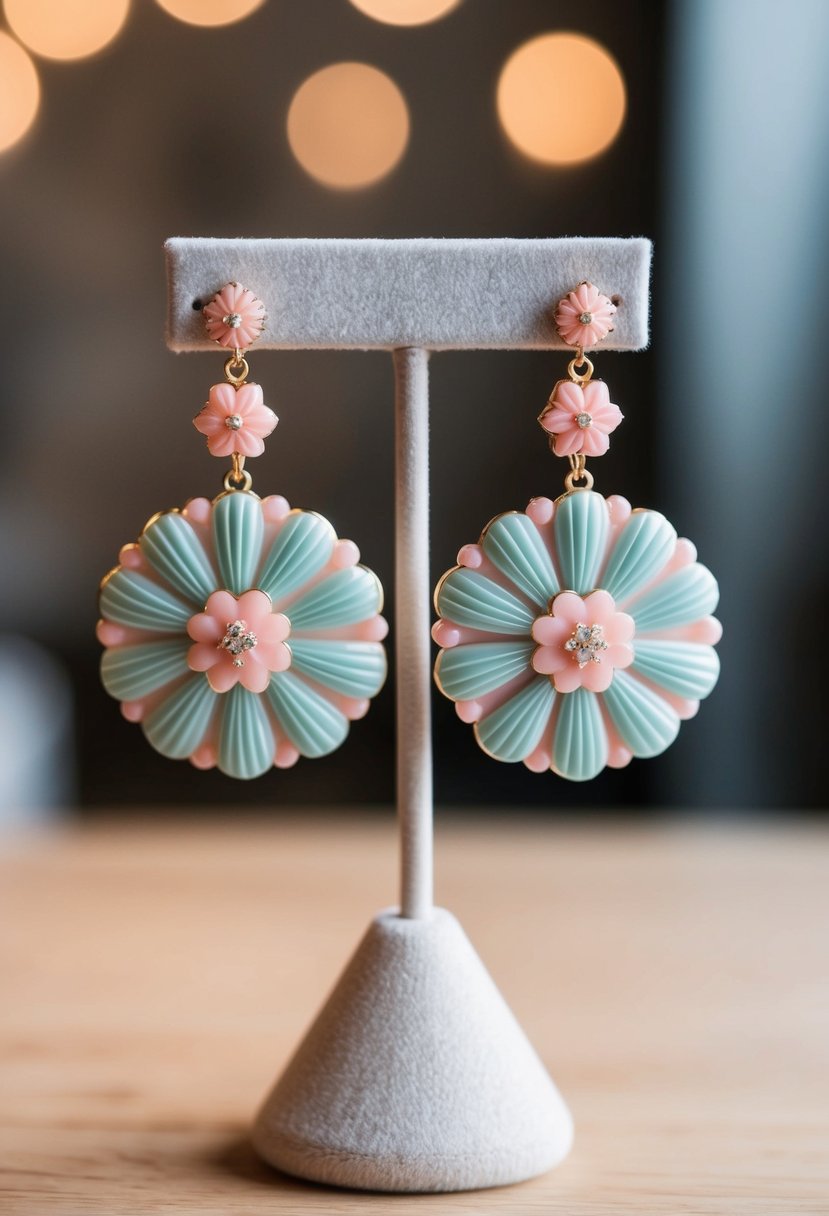 A pair of pastel floral motif earrings displayed on a velvet jewelry stand