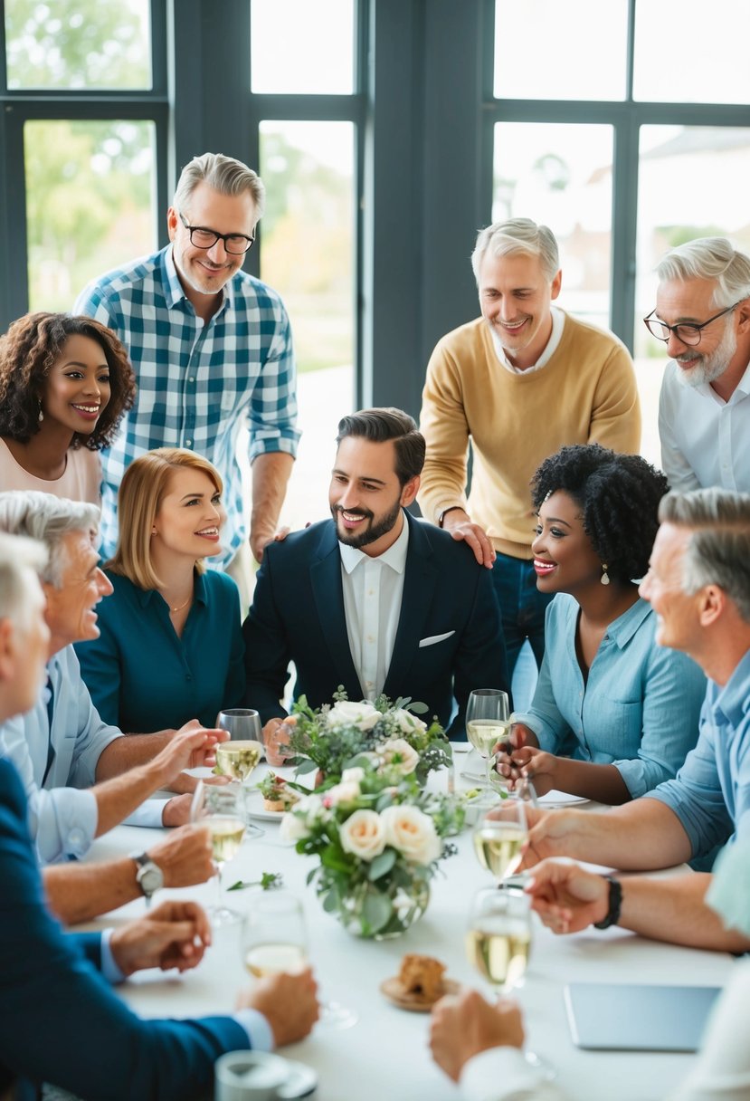 A group of diverse family and friends gather around a table, sharing advice and tips for creating the perfect guest list for a small wedding