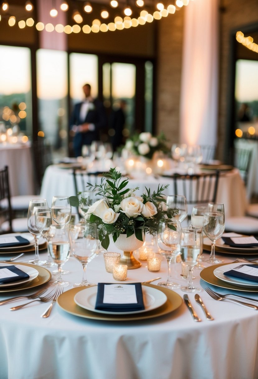 A small table set for an intimate wedding reception, with carefully arranged place settings and elegant decor