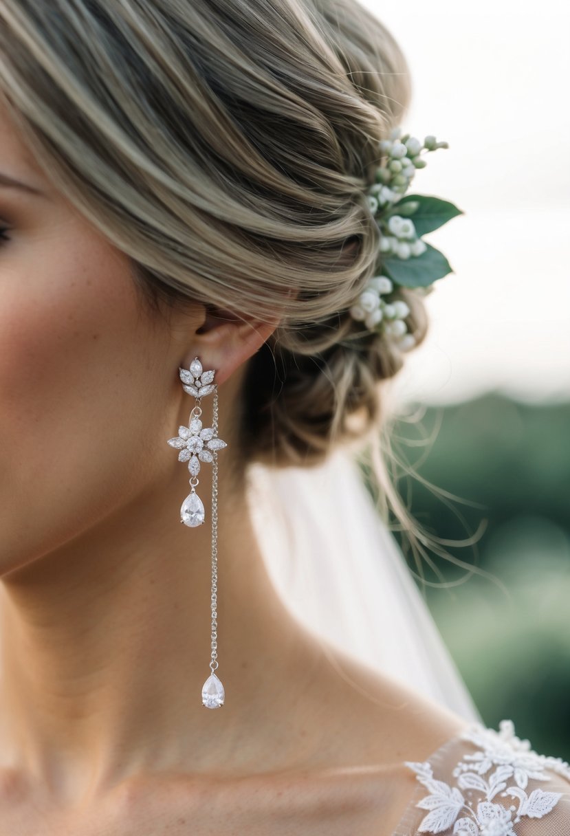 A pair of elegant wedding earrings dangle from a strand of loose hair, creating a delicate and romantic bridal accessory