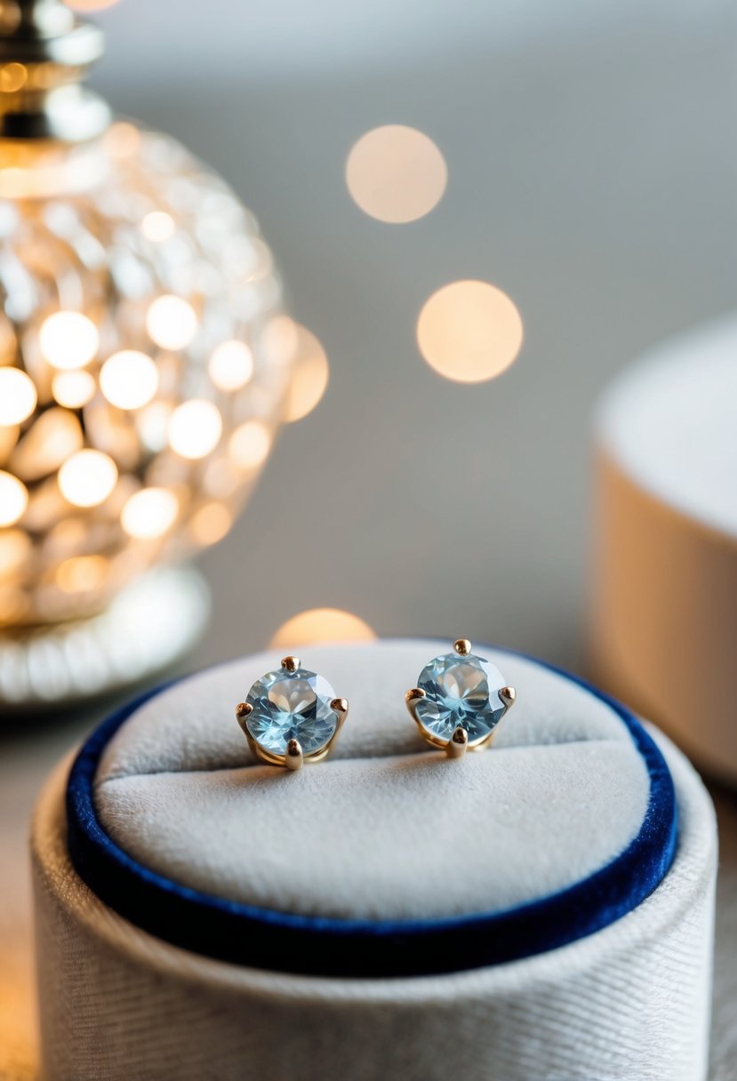 Two delicate gemstone stud earrings displayed on a velvet cushion, surrounded by soft lighting and elegant decor