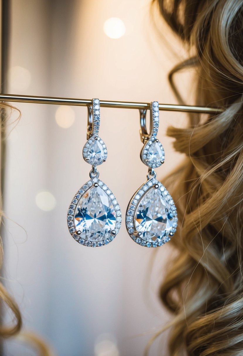 Two pear-shaped diamond halo earrings dangle from a display, surrounded by loose curls of hair. The earrings are elegant and sparkly, perfect for a wedding